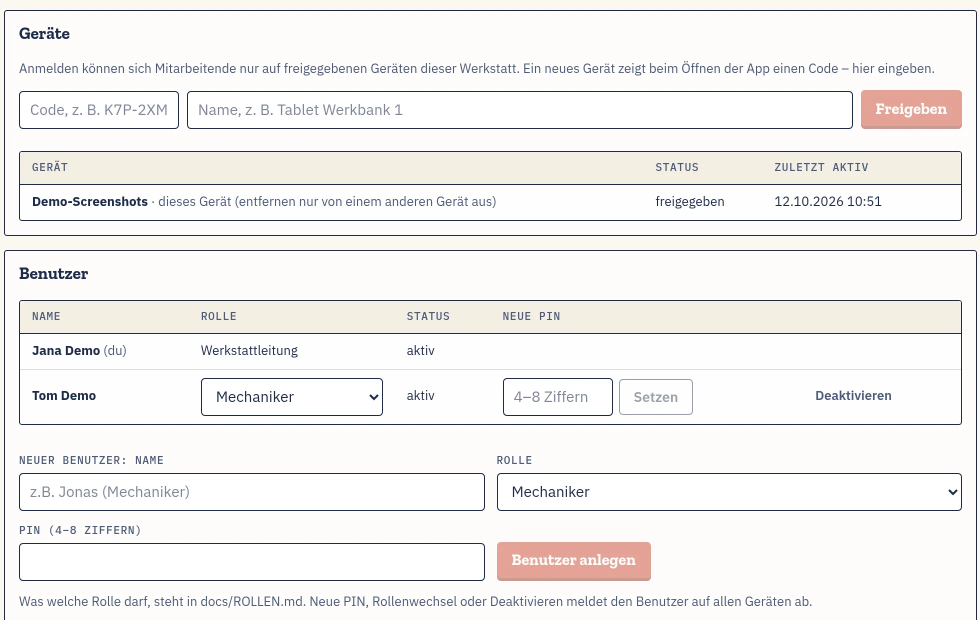 Werkstattbund App: Nutzer und Geräte
